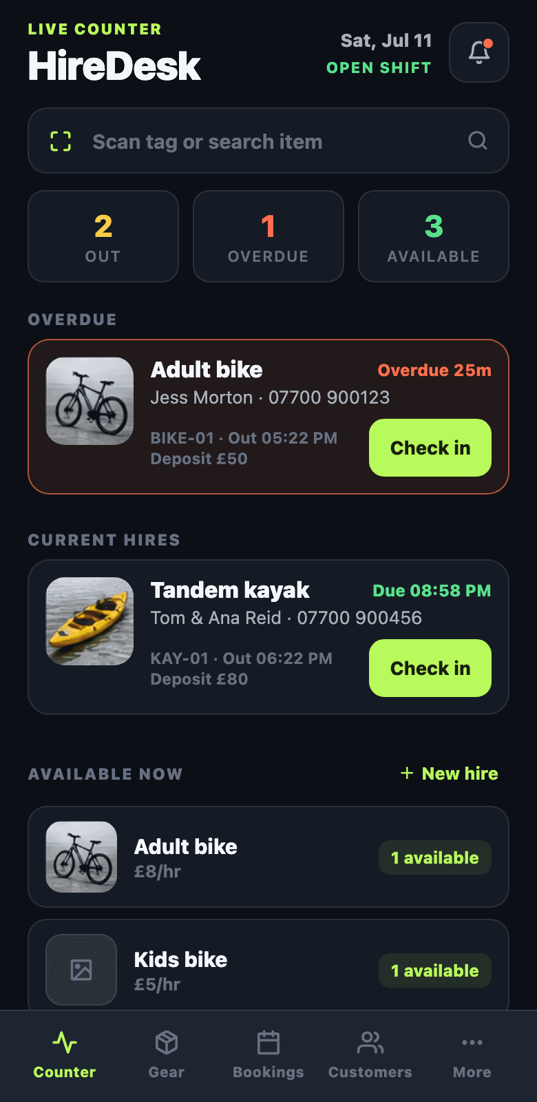 HireDesk app — rental counter with overdue alerts