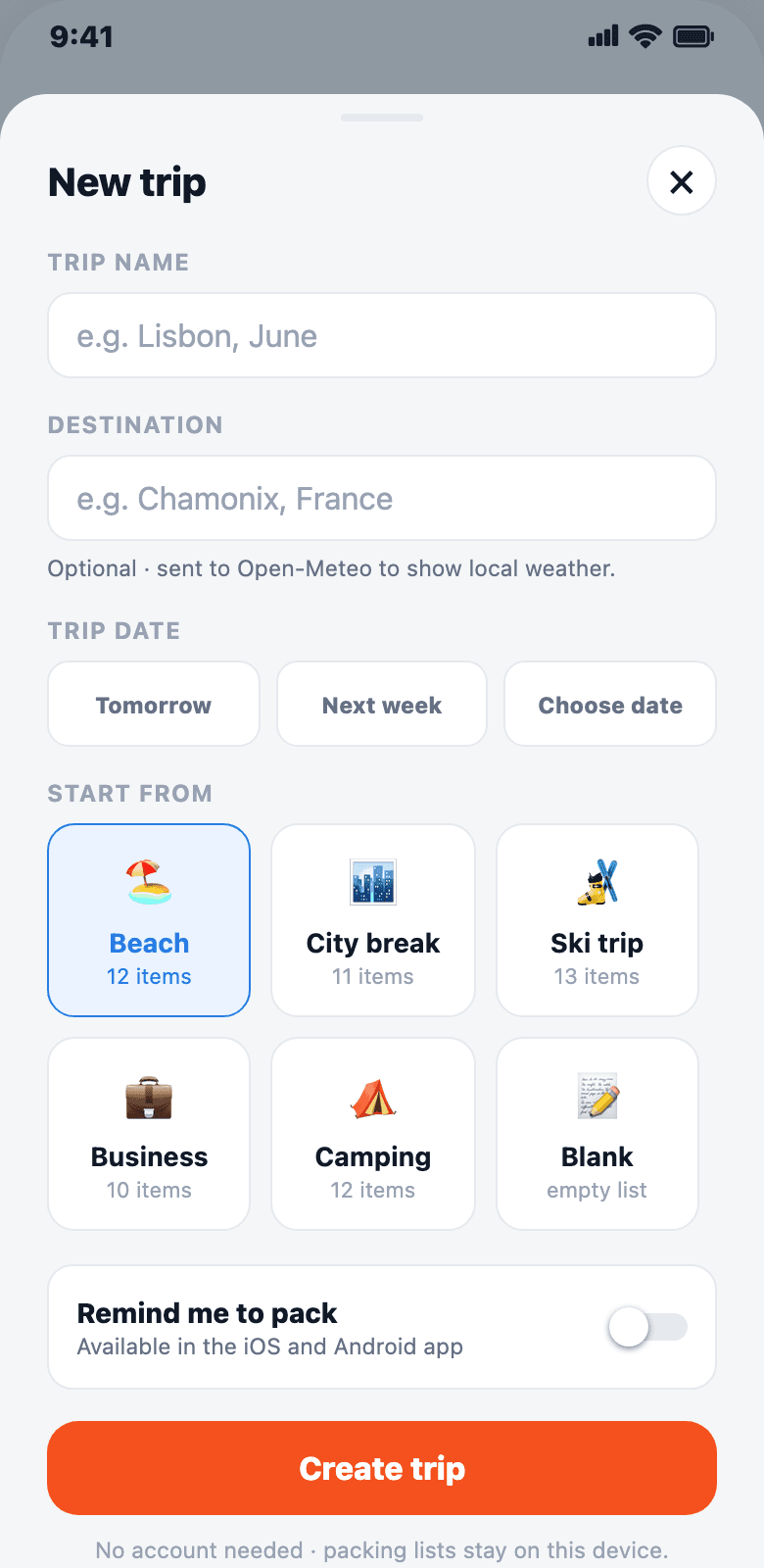 PackLight app — new trip form with templates and date selection
