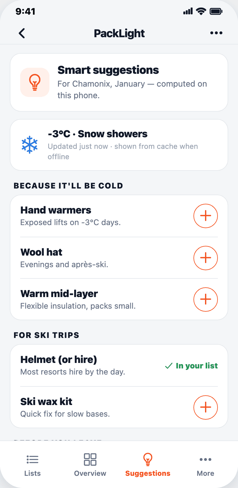 PackLight app — smart weather-aware packing suggestions