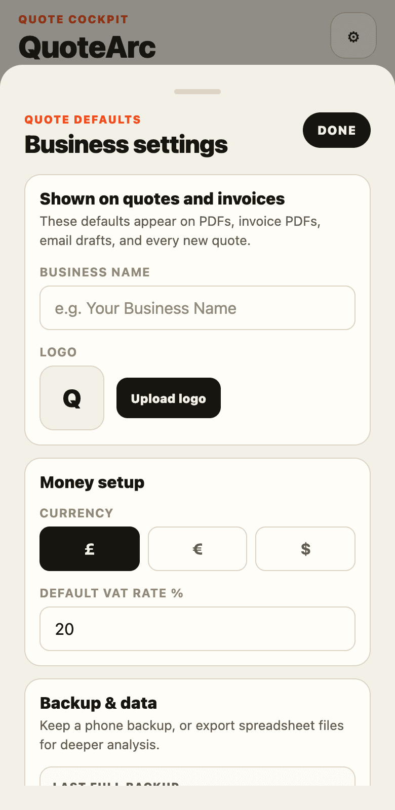 QuoteArc app — business settings with quote defaults and export tools