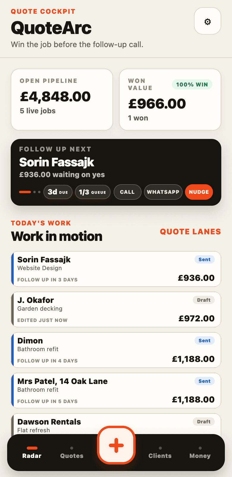 QuoteArc app — quote cockpit with live job totals and plus create button