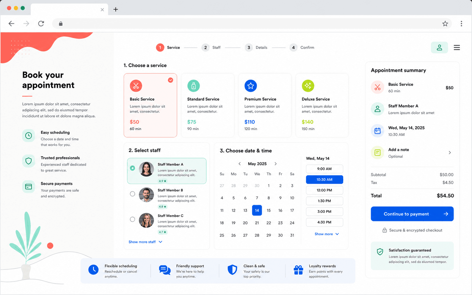 Representative booking website screen