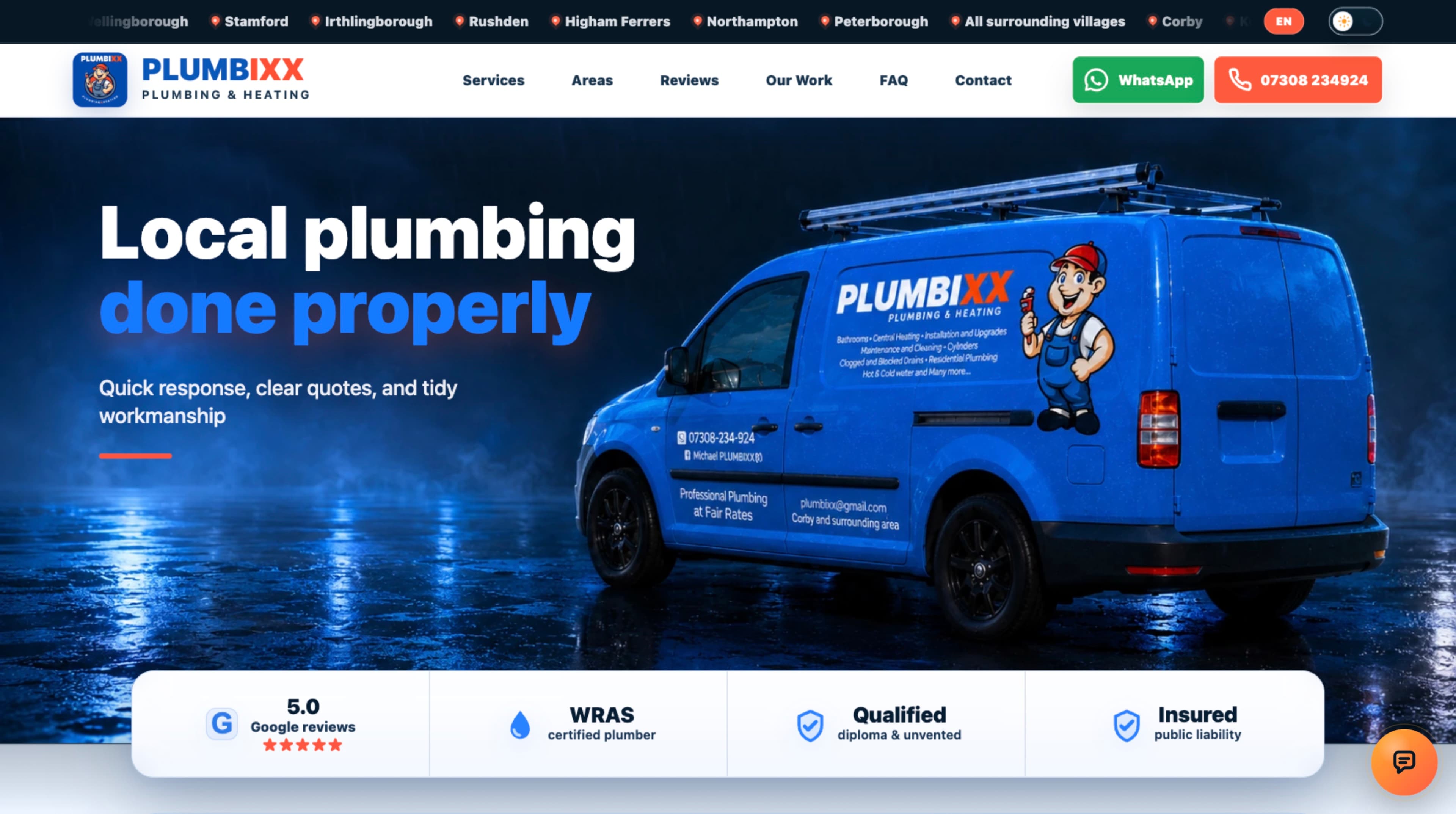 Live PlumbiXX plumbing website homepage screen
